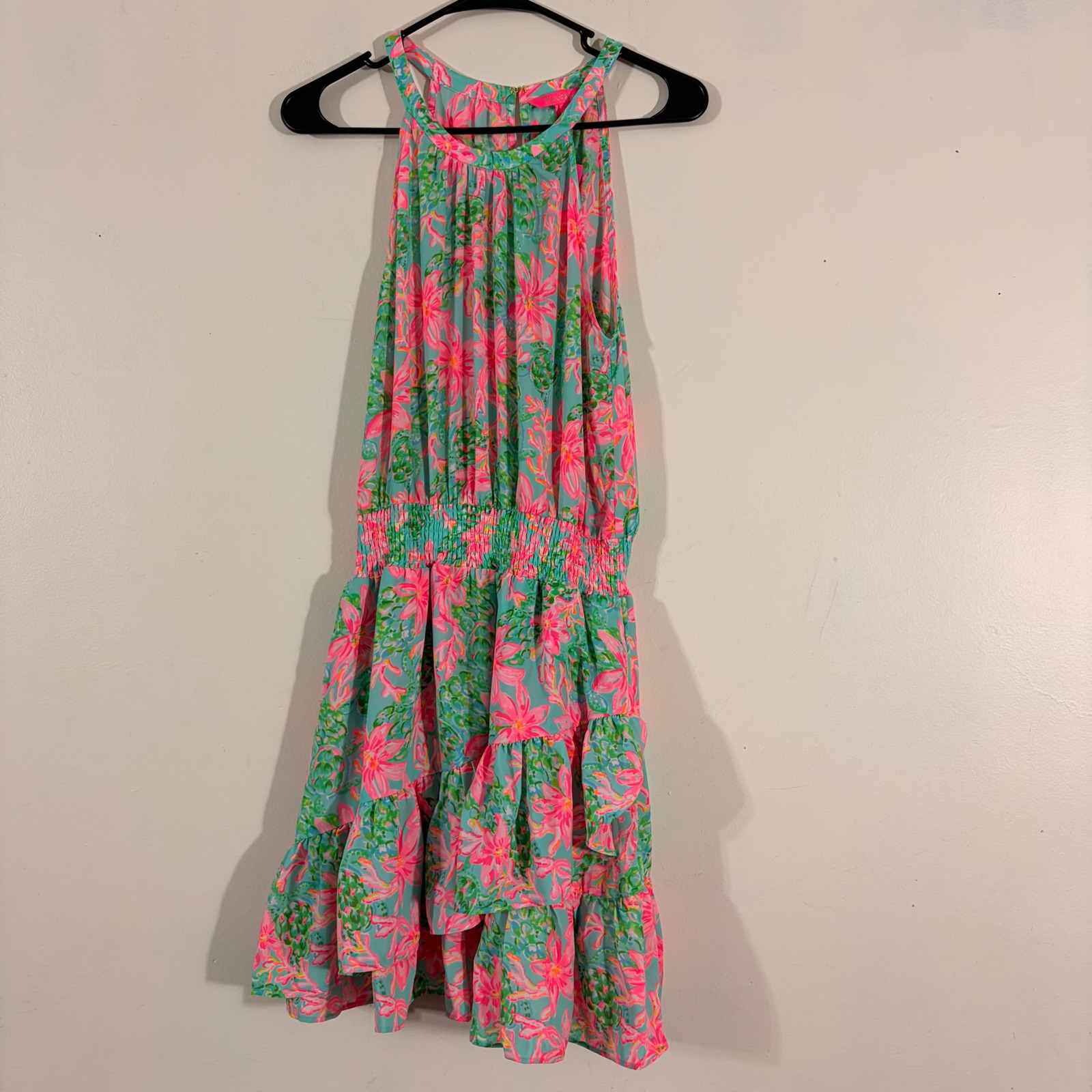 Lilly Pulitzer Dress Womens 8 Pink Turquoise Floral Nwt Ruffle Smocked Mini Dres
